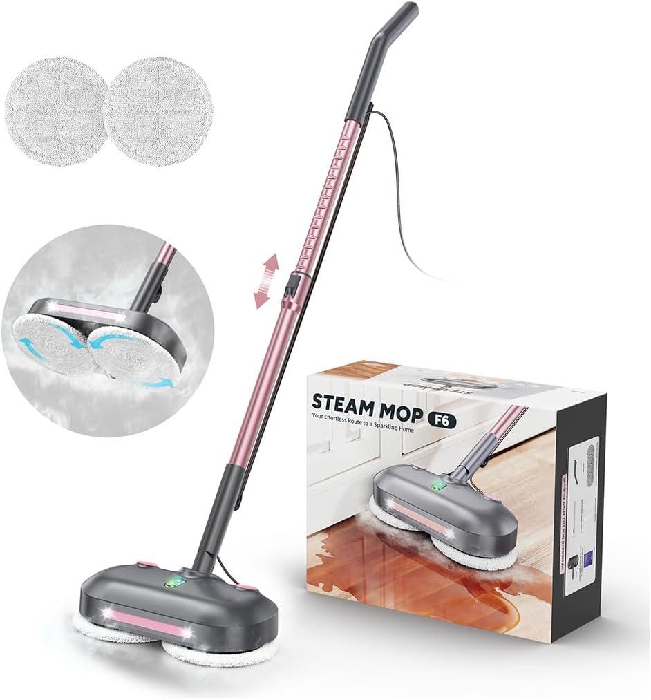 Scrubbing Steam Mop with Rotating Pads,All-in-One Spin Steam Cleaner for Floor Cleaning,Large Tank,23FT Cord, LED Headlights,Reusable Pads & Self-Standing,Safe for Hard Floor/Laminate/Marble (Pink)