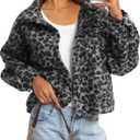 Darong Women's Cropped Fuzzy Fleece Jacket Shacket Button Down Plaid Leopard Jackets Warm Winter Soft Cozy Coat (Large)