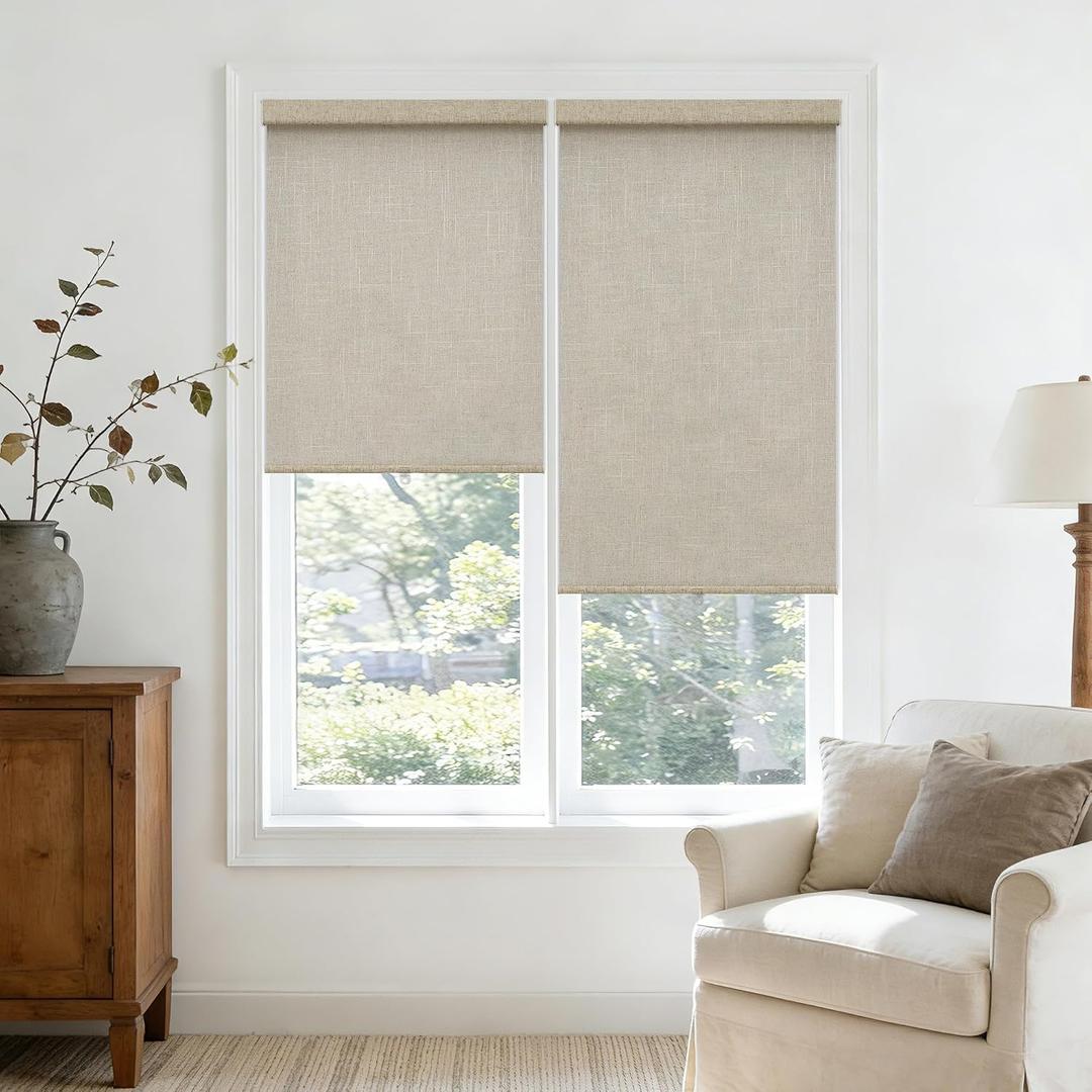 Cordless Roller Shades Light Filtering Blinds for French Door Rolled Up Shades with Valance, Semi Sheer Narrow Linen Flax Window Shades Blinds for Bedroom Bathroom Home Decor Beige 24" W x 72" H