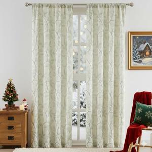Tollpiz 63"  Leaves Short Sheer Curtain Sage Green Leaf Embroidery Living Room Curtains Rod Pocket Voile Faux Linen Embroidered Leaves Curtain for Bedroom, 40 x 63 inches Long, Set of 1 Panel