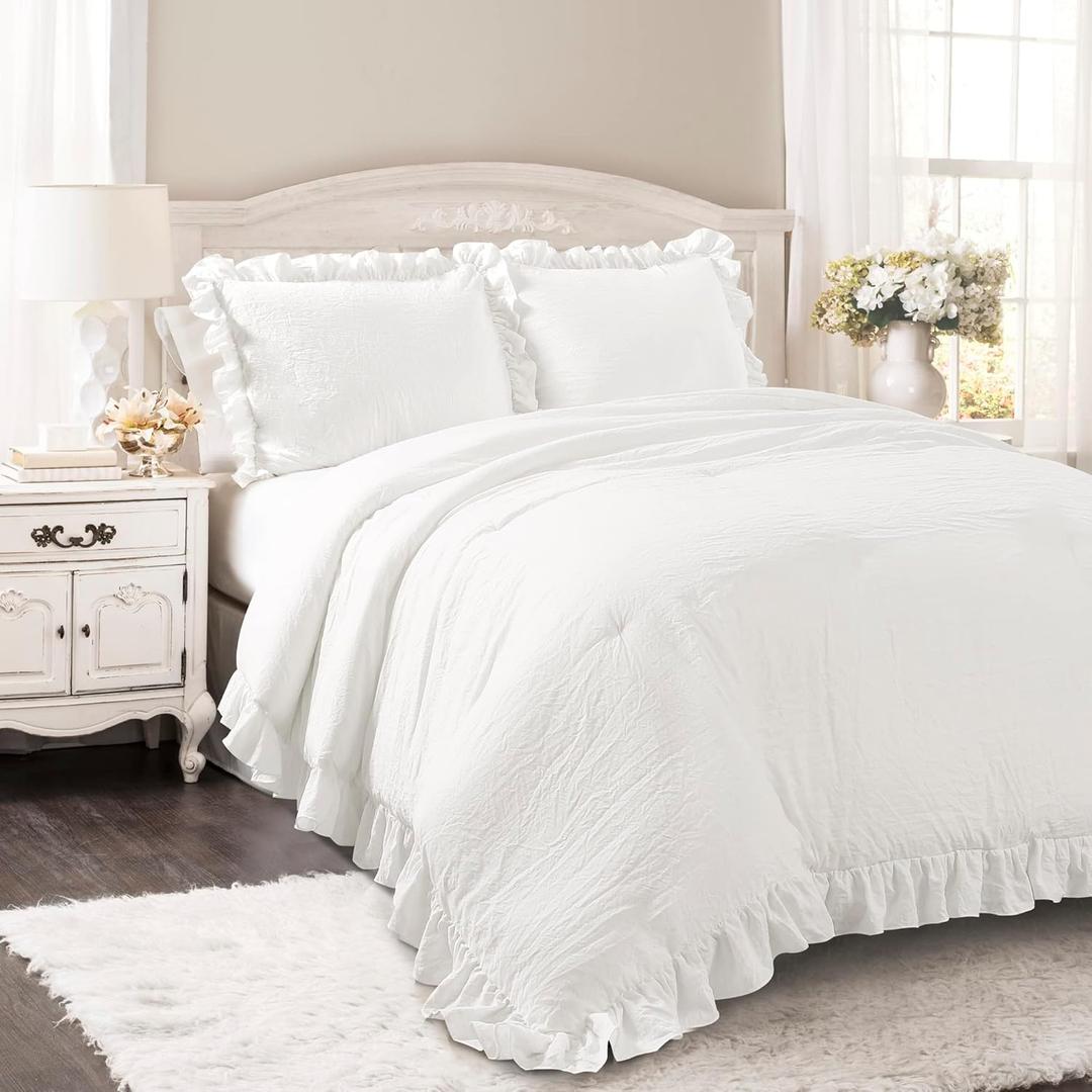 Lush Decor Reyna Ruffle Comforter Set - 3 Piece Full/Queen Size Ruffle Comforter Set - Elegance for Bedroom - Full/Queen, Pure White