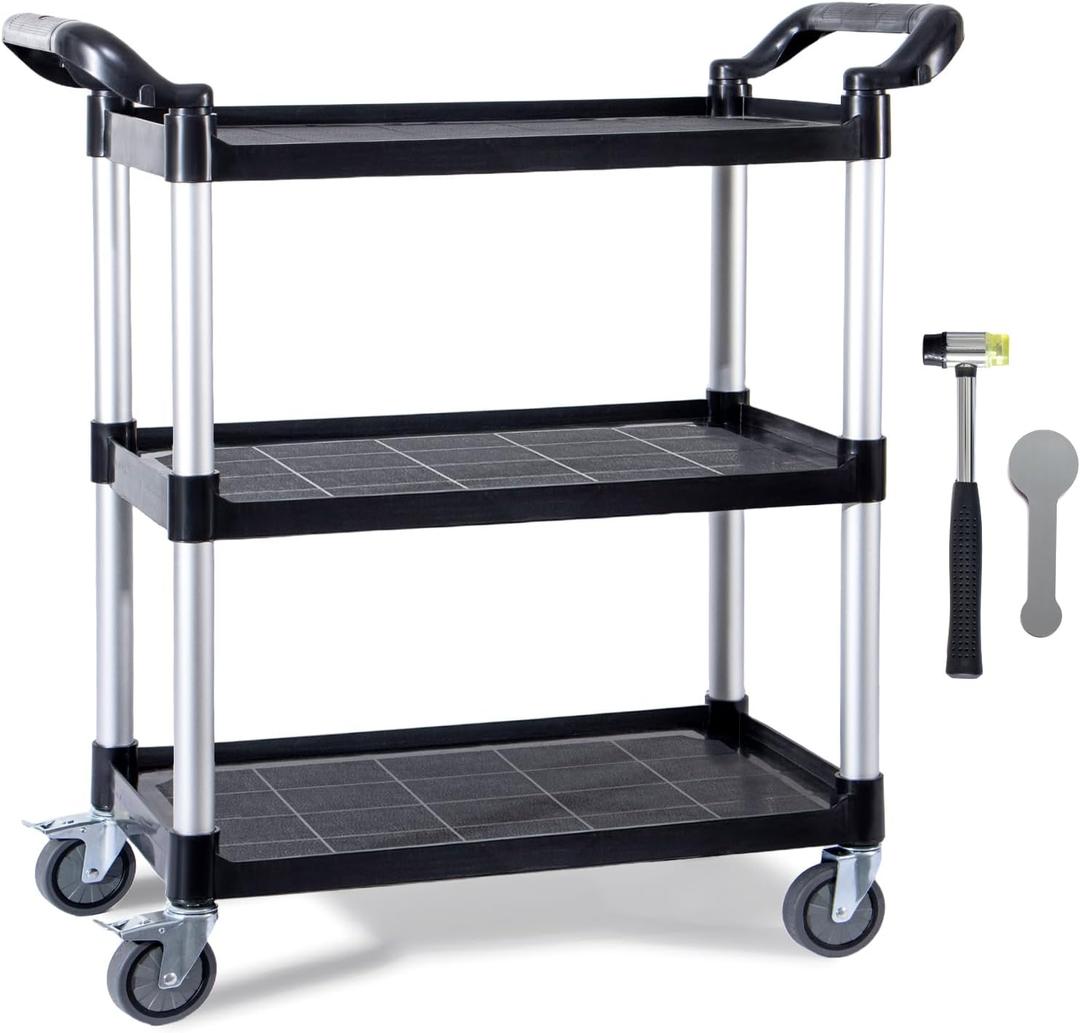 Rolling Utility Carts with Wheels Heavy Duty,3 Tier Rolling Cart with Wheels,510 LBS Food Service Cart with Rubber Mallet and Pad for Restaurant Kitchen Warehouse Office,35.5" x 16.9" x 39.5"(Black)