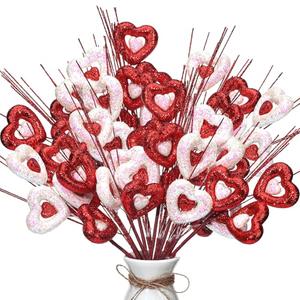 Suncalla 12 Pcs Valentine Heart Picks 12" Glitter Red Heart Picks Rotating Valentine Stems with Red White Glitter for DIY Bouquet Wedding Centerpiece Decor