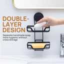 Soap Holder, Soap Bar Dish for Shower Suction Cup Wall Mounted, Stainless Steel Double Layer Sponge Holder for Bathroom Bathtub Kitchen Sink, Removable Waterproof, Keep Dry, Black