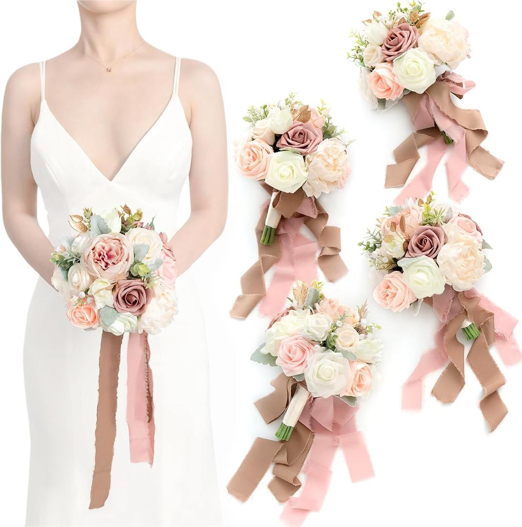 Ling's Moment Artificial Flowers Pink Bridesmaid Bouquet Set of 4, Dusty Rose Wedding Flowers Bouquets for Bridesmaids, 7 Inch Bridal Bouquets for Bridesmaids, Wedding, Ceremony, Anniversary, etc
