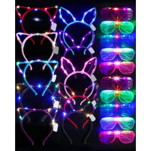 Honoson 20 Pcs Glow in The Dark Party Supplies, 10 Pcs 5 Colors Light up Glasses 5 Pcs LED Cat Ear Headband 5 Pcs Rabbit Ear Headband for Adults Mardi Gras Neon Party Decoration