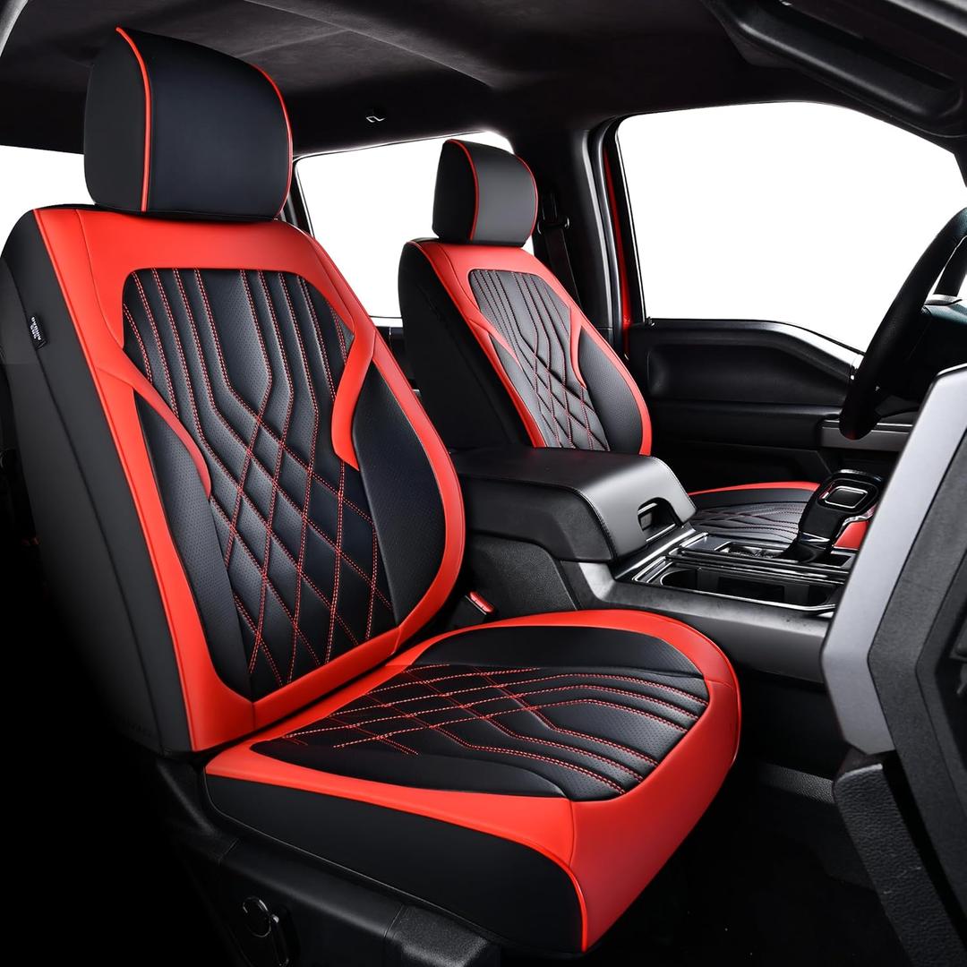 F150 Seat Covers, Napa Leather, for 2015-2025 Ford F150 SuperCrew and 2017-2025 F250 F350 F450 Heavy Duty Crew Cab(Full Set, Black&Red)