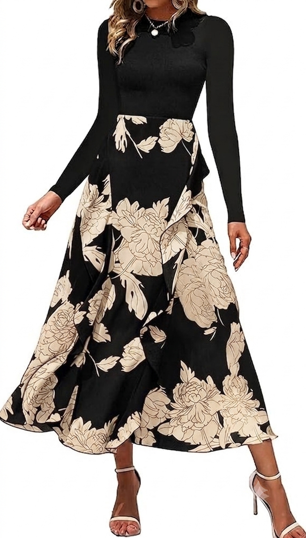 BTFBM Womens Floral Maxi Dress Fall 2025 Casual Crewneck Long Sleeve Ruffle Flowy Cocktail Wedding Guest Dresses(White Floral Black, X-Large)
