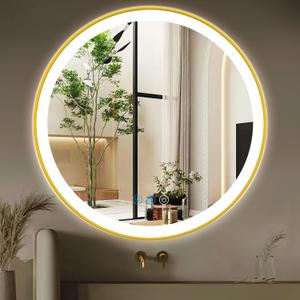 30 Inch Gold Bathroom Round LED Mirror with Lights Gold Frame Round Lighted Mirror for Bathroom Wall Round Vanity Lighted Mirrors 3 Color Dimmable Anti Fog Bathroom Circle Light up Smart Mirror