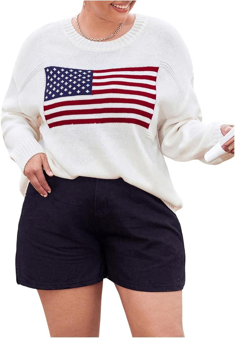MakeMeChic Women's Plus Size American Flag Sweater Long Sleeve Crew Neck Knitted Fall Sweaters (X-Large Plus, White)