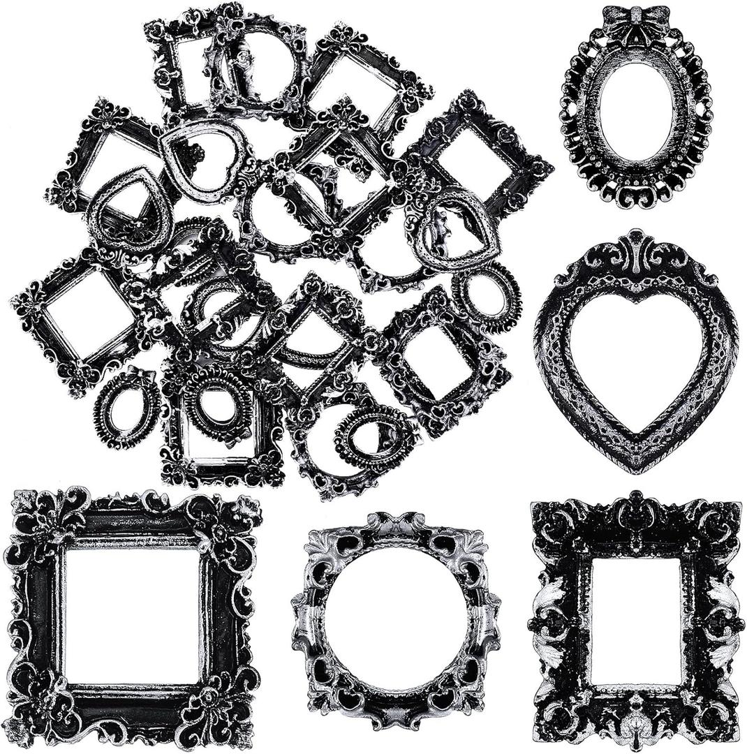 Vicenpal 25 Pcs Vintage Mini Picture Frames Baroque Antique Small Resin Jewelry Display Table Frame for Christmas DIY Photo Holiday Party Decoration (Vintage Sliver)