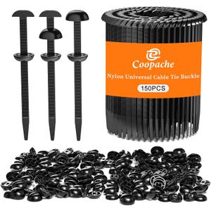 Coopache Nylon Universal Cable Tie Buckle for Car Heavy Duty, Upgraded Automotive Zipper Clips, Strap Style Fender Zip Ties Fasteners, Top Movable Dome (Black 150 PCS)