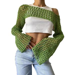 Women's Mesh Crochet Crop Top Hollow Out Long Sleeve Sweater Sexy Y2K Bikini See Through Cover Ups (Green, Large)