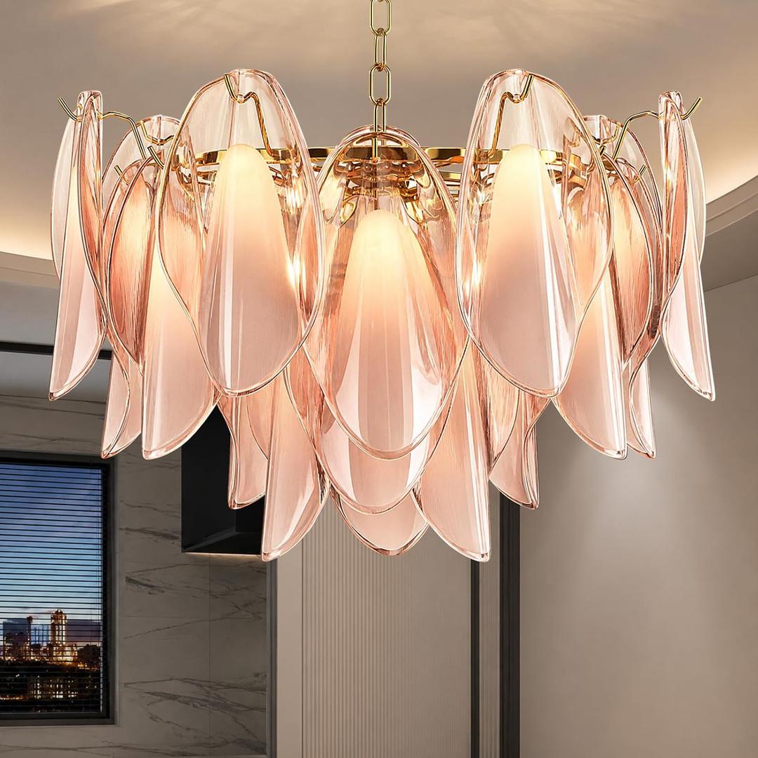 WMK Modern Chandelier, 20" Gold Dining Room Chandelier with Handcrafted Glass Petal Design, 6-Light Hanging Ceiling Light Fixture, 3 Color Adjustable Pendant Lamp for Kitchen Island, Bedroom, Foyer