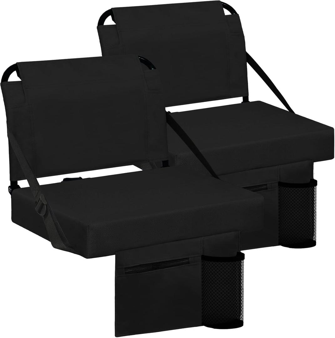Stadium Seat for Bleachers with Back Support and Wide Padded Cushion Stadium Chair - Includes Shoulder Strap and Cup Holder (Black,2 Pack)