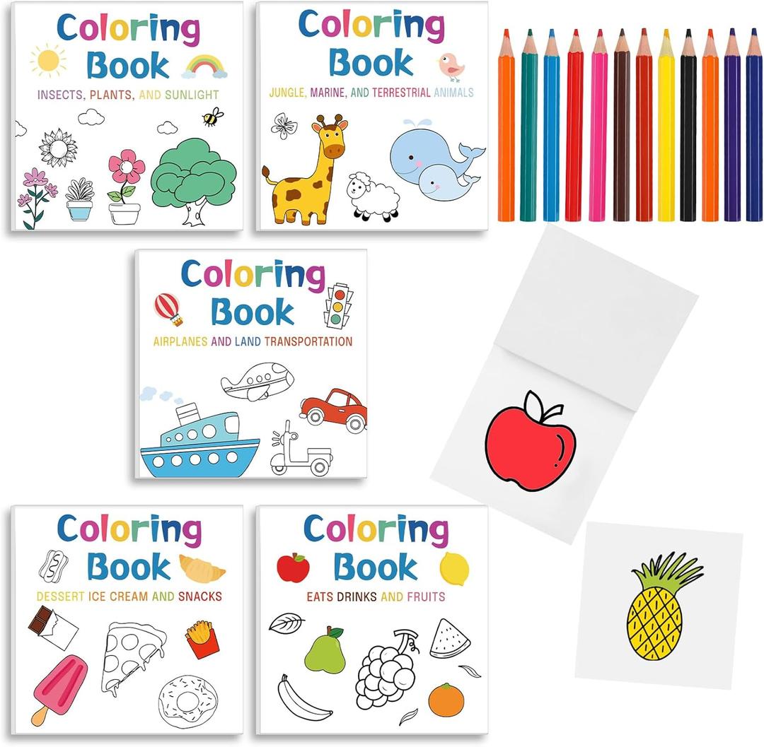 5 Pcs Mini Coloring Books with 12 Mini Pencils Variety Pack Pocket Size Small Coloring Books Gifts for Adults Coworkers Travel(Classic)