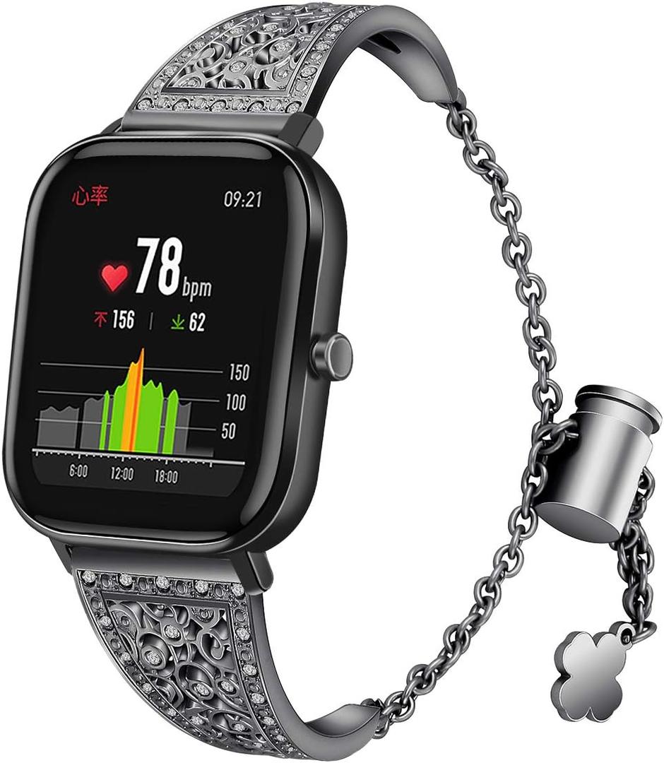 FitTurn Watch Band Compatible with Amazfit Active 2 Square/1/GTS 4mini/GTS 3/GTS 2 Mini/GTS 2 2e/GTR 42MM/Bip 3/Bip 3 Pro/Bip U pro/Bip Lite/Zepp Z SwatchWatch -Bling Metal Strap Jewelry Bangle Wrist Strap Bracelet Rhinestone Accessories (Black)