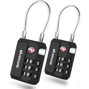 2 Pack TSA Approved Travel Luggage Locks, Cable Combination Lock 3-Digit, Keyless Suitcase Padlocks, Weatherproof Padlock for Locker, Golf Bag, Gun Case, Backpack, Anti Theft, Easy Read Dials-Black