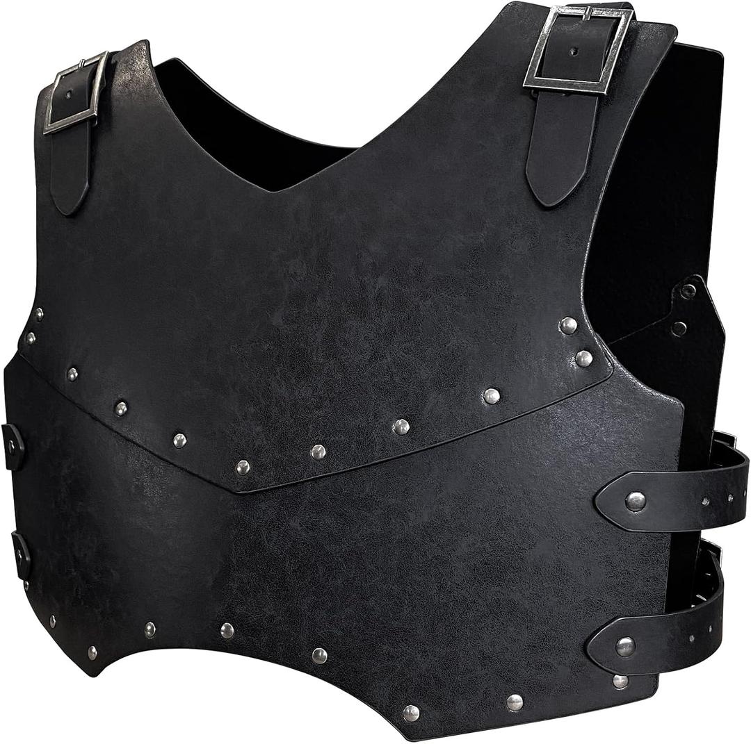 HiiFeuer Medieval Faux Leather Chest Armor, Retro Mercenary Knight Archer Body Armor, Adjustable Vest Armour for LARP Costume& Ren Faire (Black A)