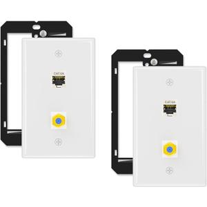 iwillink Cat6A Ethernet Coax Wall Plate, 2-Port Keystone Wall Plate with CAT 6A Shielded Coupler and 3GHz Gold Plated Coax for with F-Connector for Coaxial Cable, 2 Pack
