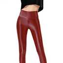 Ginasy Faux Leather Leggings for Women Tummy Control Stretch High Waist Pleather Pants with Thin Fleece Lined (Red)