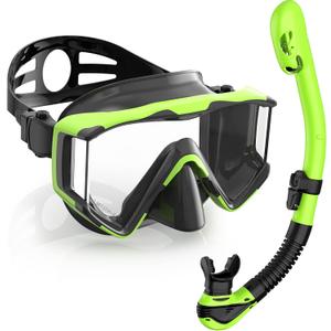 Greatever Snorkel Set Pano 3 Window Snorkel Mask Adult, Panoramic Wide View, Anti-Fog Scuba Diving Mask, Anti-Leak Snorkel Goggles Dry Top Snorkel, Professional Snorkeling Gear for Adults