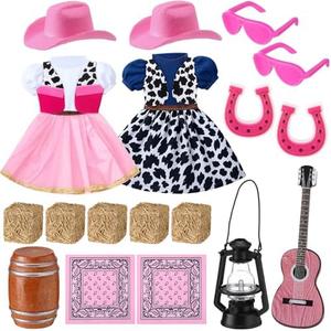 Motionchic 20 Pcs Christmas Elf Cowgirl Costume Set Pink Western Clothes Accessories Holiday Elf Outfits with Lantern Wheel Hay Bales Cactus Guitar  for Christmas Party Decoration
