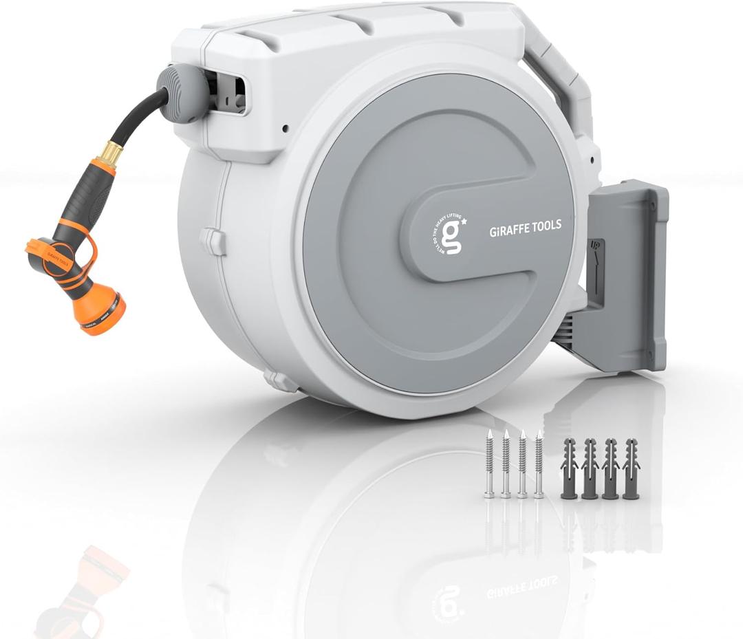 Giraffe Tools Retractable Garden Hose Reel, 5/8 in x 90 ft Heavy Duty Hose Reel With 9 Pattern Nozzle, Any Length Lock, Wall Mount Water Hose Reel, 180Swivel, Light Grey