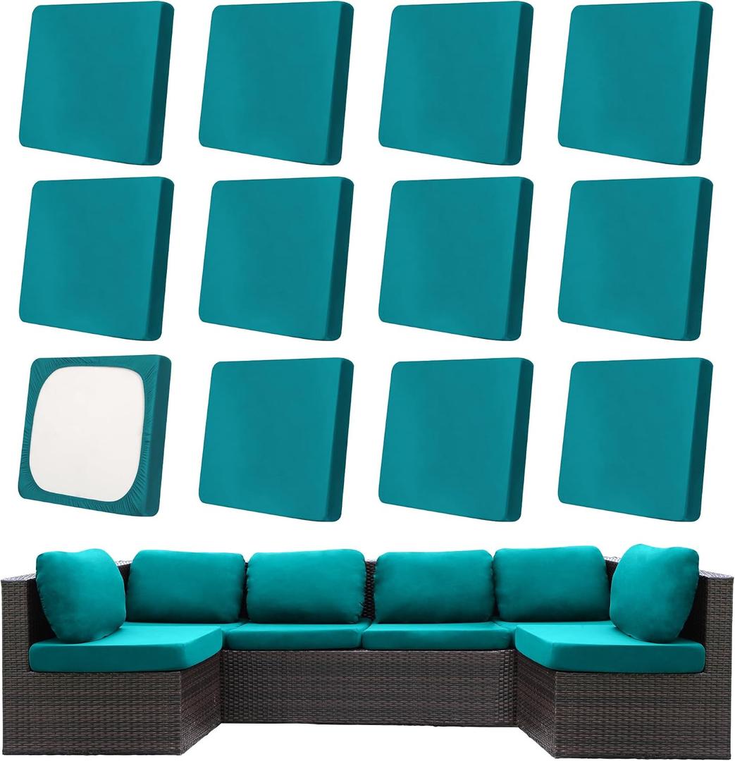 12Pcs Patio Cushion Covers,Outdoor Cushions Covers,Stretch Cushion Covers Replacement, Washable and Reusable Furniture Protectors(Peacock Blue)