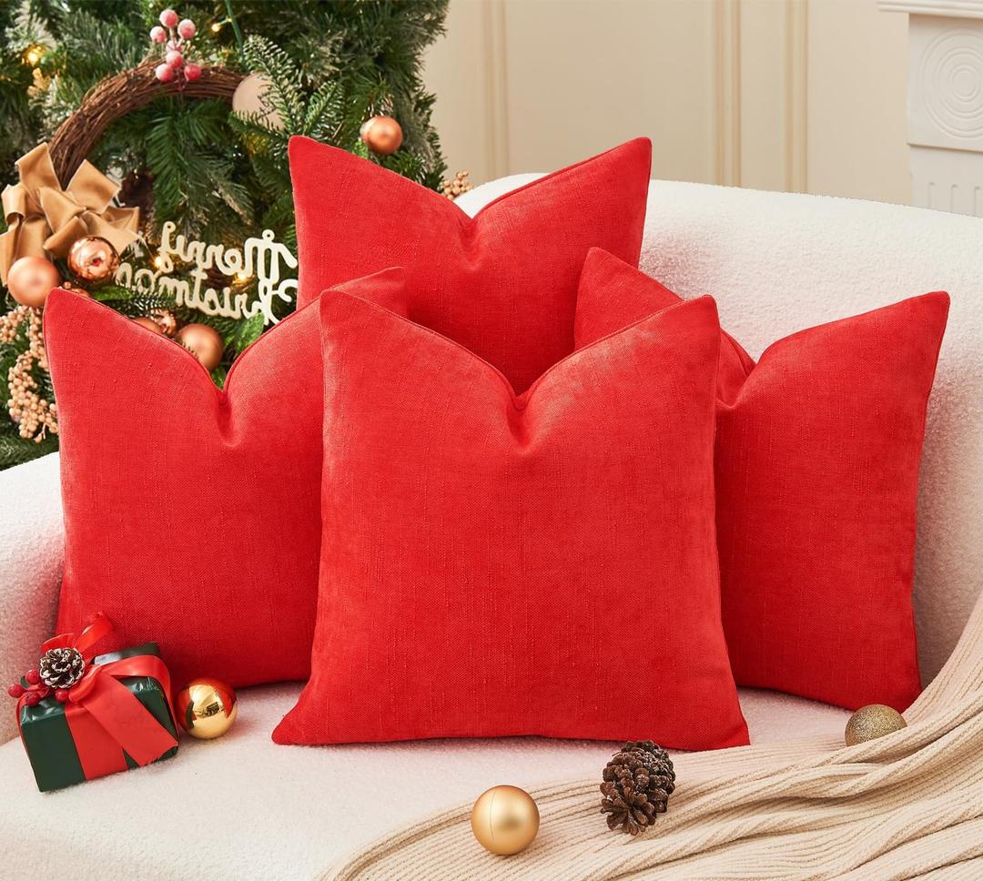 Pack of 4 Christmas Red Pillow Covers 20x20 Inch Chenille Throw Pillow Covers Solid Decorative Soft Xmas Cushion Covers Home Boho Textured Decor for Couch Sofa Bed Living Room