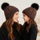 Winter Knit Beanie Hat for Girls Women Parent-Child with Faux Pom Warm Fleece Lined