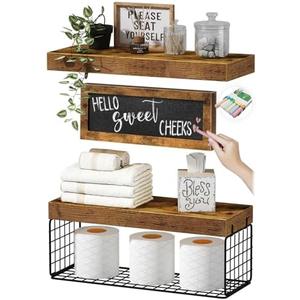 QEEIG Bathroom Shelves Over Toilet - Paper Storage Wall Mounted Farmhouse Decor Decorations Chalkboard Small Floating Shelf 2+1 Set 16 inch, Rustic Brown (021BN)