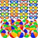 61 Pcs Sunglasses Beach Ball Sets 30 PCS Inflatable Beach Balls 30 PCS Neon Sunglasses Bulk Party Favors, Rainbow Colored Summer Pool Toys for Water Games Hawaiian Decorations Birthday Supplies