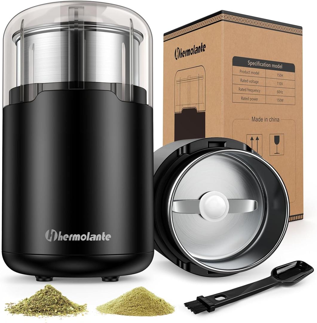 Hermolante Herb Grinder, Spice Grinder, Coffee grinder, 150 w Electric Herb Grinder with Stainless Steel Blade and Cleaning Brush, Compact Size Electric Grinder for Herb Spices Coffee Nuts Seeds,etc. (Black)