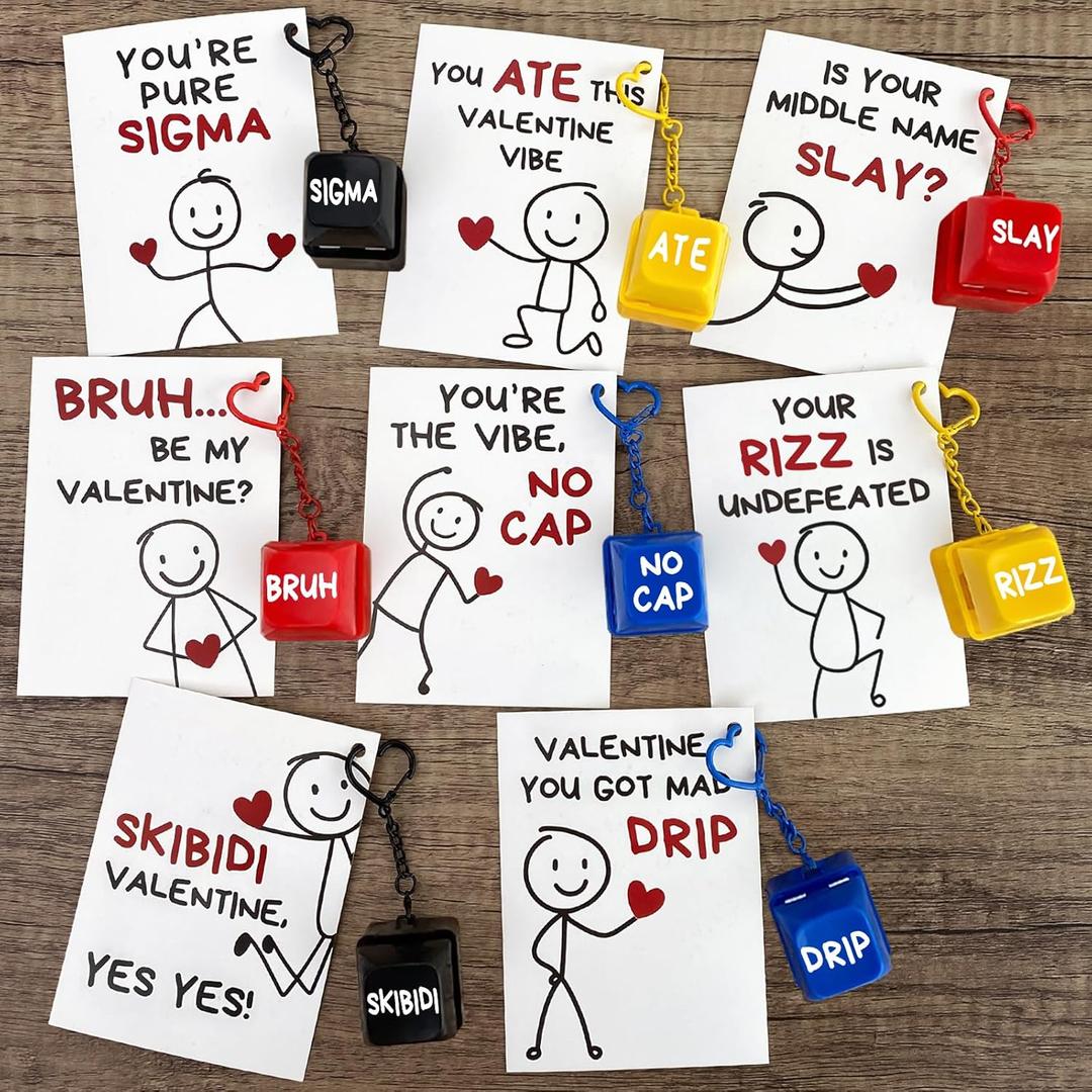 Valentines Day Cards for Kids School - 24 Valentine Slang Cards with Keyboard Clicker Keychains - Valentine Classroom Exchange Gifts for Boys GirlsTeen - Funny Fidget Toys for Class Party Favors