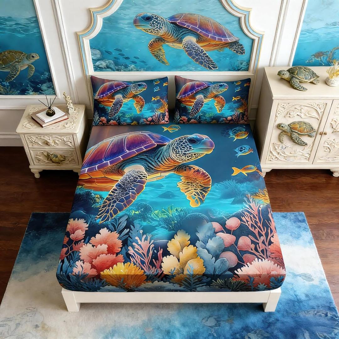 Coastal Bedding Turtle Fitted Sheet Set Twin Size,Undersea World Fitted Sheet for Kids Boys Girls Room Decor,Colorful Coral Aquatic Plants Beach Themed Bedding,1 Fitted Sheet+2 Pillowcases.