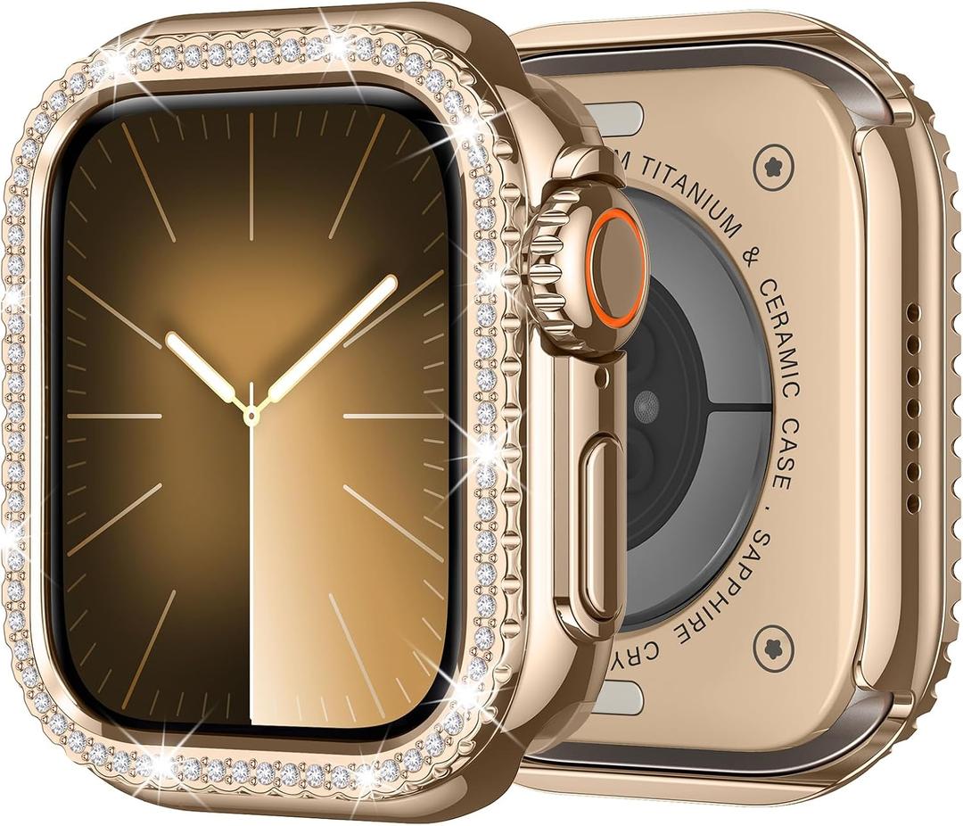 Metal Case Compatible with Apple Watch Series 9 8 7 45mm for Women, Bling Diamond Frame Bumper with Back Cover Protective Cover for iWatch 45mm, Rose Gold