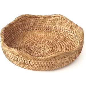 HITOMEN Handmade Rattan Bread Baskets Round Wicker Fruit Serving Storage Bowls, Natural Woven Decorative Kitchen Counter Organizing (Honey Brown) S-8.7"