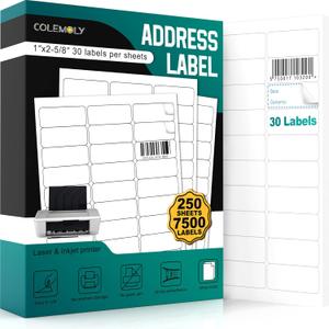 Address Labels 1x2-5/8 Stikcer Paper 30-UP 250 Sheets for Laser/Inkjet Printer Matte 7500 White Blank Printable Labels on 8.5x11 Inch for Mailing, Shipping, and Organizing