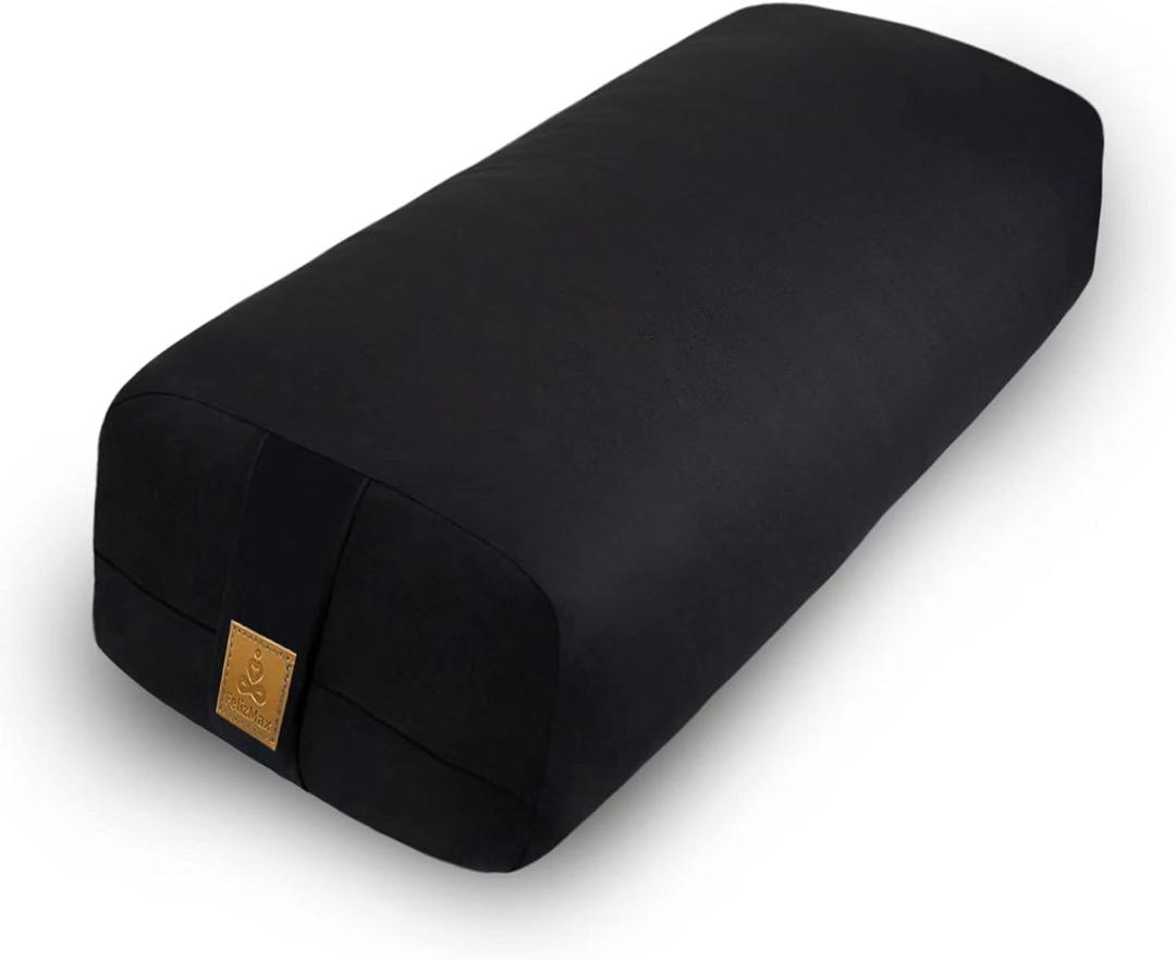Yoga Bolster Pillow 26x10.5x5.5in Rectangular Meditation Cushion for Massage and Back Support, Breathable Cotton Fill, Zippered Organic Cotton Cover, Easy-Carry Handle, Machine Washable (Black)