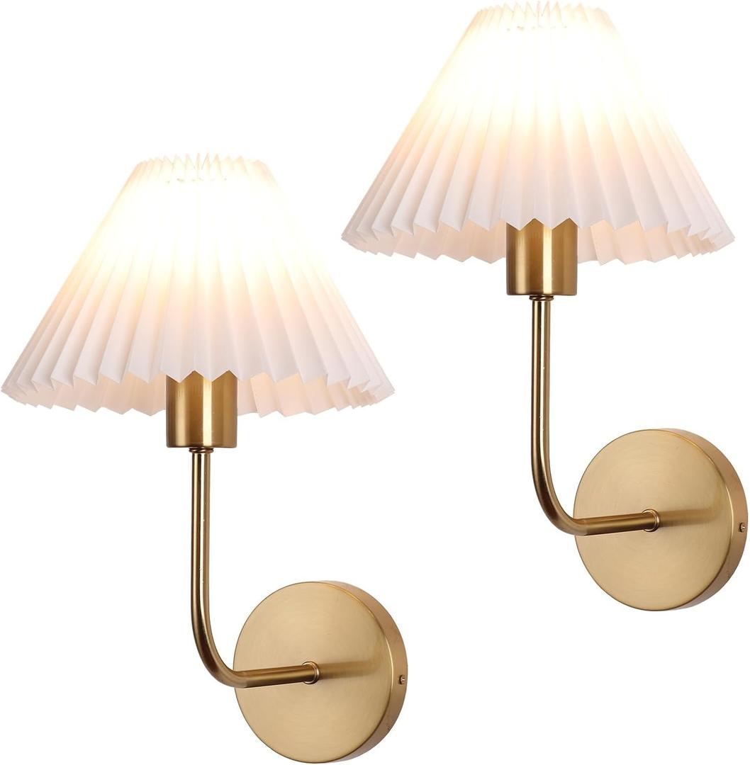 Wall Sconces Sets of 2, White Pleated Fabric lampshade, Brushed Gold Wall Lamp Curved Wall Lighting Bathroom Dresser Hardwired sconces wall decor Fixture Applicable to Living Room Bedroom Dining Room (14.33 inches)