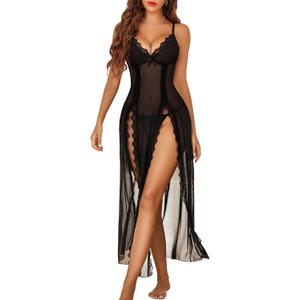 Avidlove Women Lingerie Lace Babydoll Chemise Sexy Mesh Nightdress V Neck Nightwear Side Split Nightgown (Small, Black)