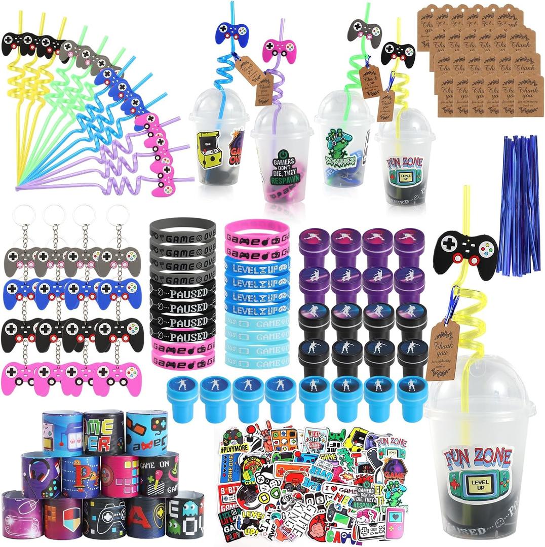 LiYiQ 292 Pcs Video Game Party Favors With Reusable Drinking Straws Cups Slap Bracelets Keychains Gift Tags Stamps Stickers and Twist Ties for Gamer Birthday Party Supplies (Blue and Black Game)