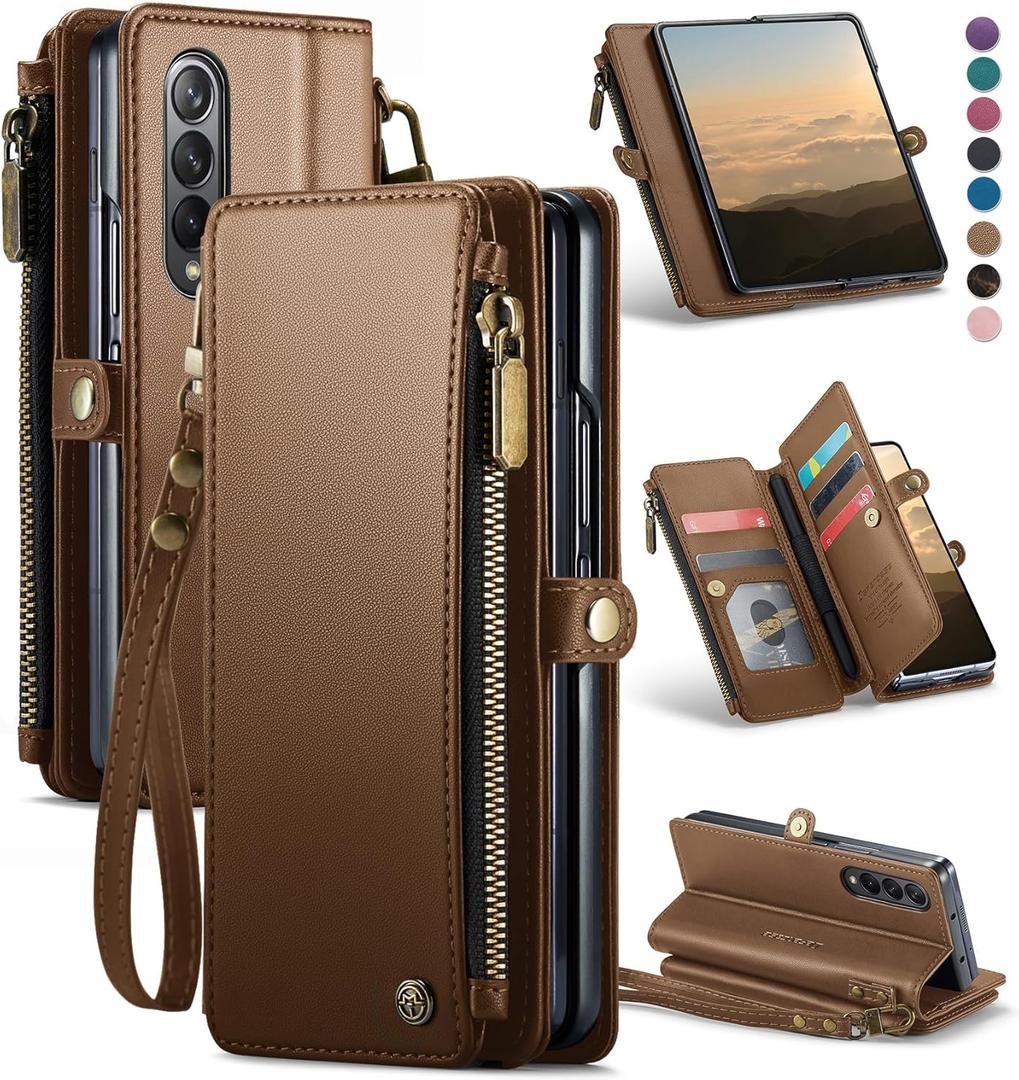 Defencase Wallet Case Compatible with Samsung Galaxy Z Fold 3 with RFID Blocking Card Holder & S Pen Holder Slot PU Leather Magnetic Snap Flip Zipper Strap Phone Case Fit for Galaxy Z Fold 3, Brown