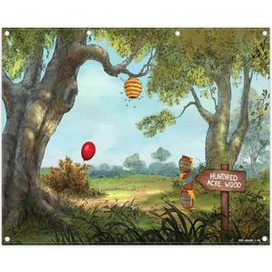 10x8ft Fabric Hunny Cartoon Spring Forest Photography Backdrop Hundred Sweet Honey Bear Background Bee Acre Red Balloon Wood Birthday Photo Tapestry Props, 120x96inch