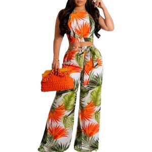 Elegant 2 Piece Sets for Women Sexy Printing Crop Top Long Straight Pants Vacation Outfits Beach (Medium, Orange/Green)