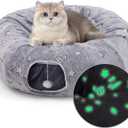 Cat Tunnel Bed for Indoor Cats with Washable Cushion Cat Cave Donut Tunnel with Fluffy Ball Big Round Tube Pet Playground Toys Soft Plush Peekaboo for Kitten, Cat, Puppy, Rabbit, Ferret（Moon Star）
