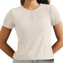 BAMBOO COOL Womens Henley T Shirts Short Sleeve Slim-Fit Tees Tops for Women Trendy Fashion Blouse (Large, Beige)