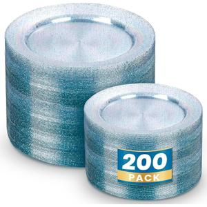 WDF 200PCS Blue Plastic Plates - Blue Glitter Plastic Plates - Heavy Duty Disposable Plates - Include 100 Dinner Plates 10" and 100 Dessert Plates 7" for Parties/Wedding/Graduation