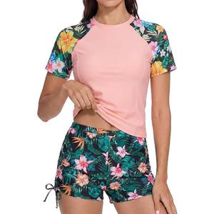Sewetier Girls Swimsuit with Shorts Two Piece Rash Guard Pink Swimsuit UPF 50+ Short Sleeve Swimwear 13-14Y, Light Pink